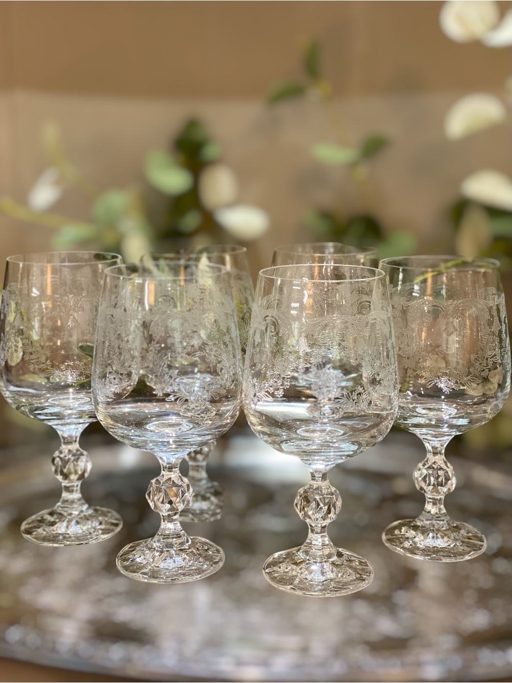 Vintage Set 6 Bohemia Crystal Czech Wine Goblets Glasses Queens Lace c1960s